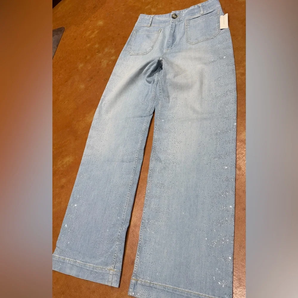 Anthropologie Light Blue Wide-Leg Full length Rhinestone Jean. Check video